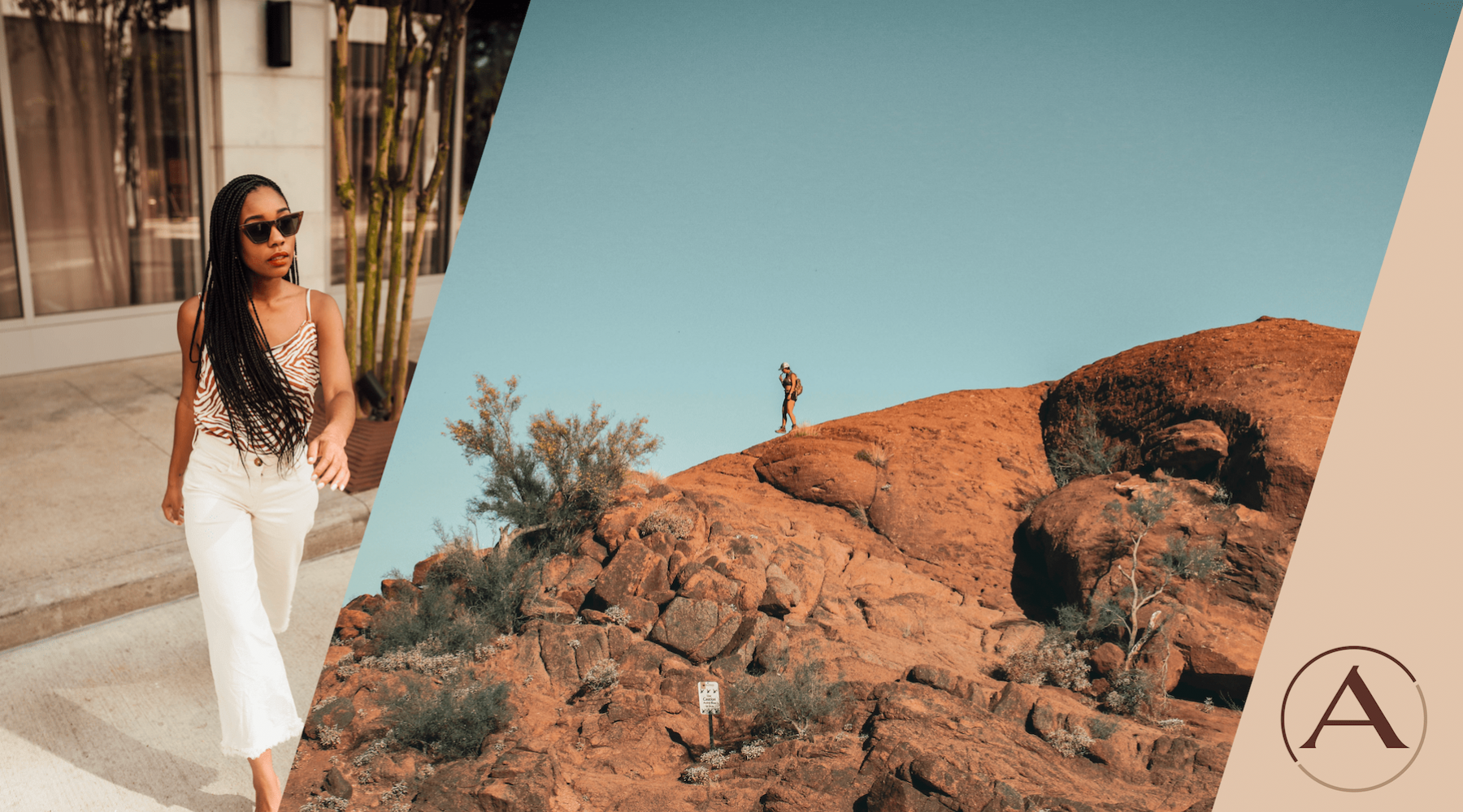Desert alchemy. edited image showing side by side images including a hiker on brown rocks and a woman walking outdoors