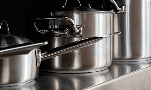 close-up of pots and pans in a kitchen